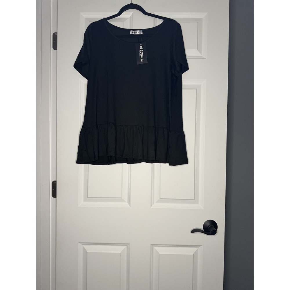Doubleju Short Sleeve Peplum Tunic Top Large Black Nwt